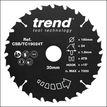 Trend Wood Cordless Circular Saw Blade 190mm X 30mm X 24t - Code CSB/TC19024T