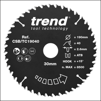 Trend Wood Circular Saw Blade 190mm X 30mm X 40t - Code CSB/TC19040