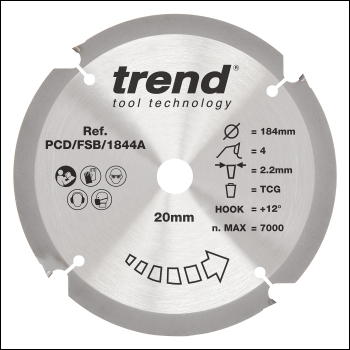 Trend Pcd Fibre Cement Circular Saw Blade 184mm X 20mm X 4t - Code PCD/FSB/1844A