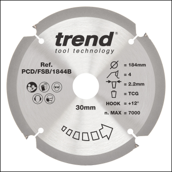 Trend Pcd Fibre Cement Circular Saw Blade 184mm X 30mm X 4t - Code PCD/FSB/1844B