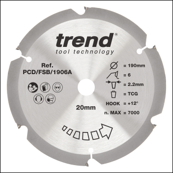 Trend Pcd Fibre Cement Circular Saw Blade 190mm X 20mm X 6t - Code PCD/FSB/1906A