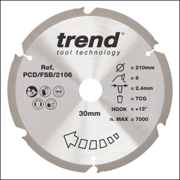 Trend Pcd Fibre Cement Circular Saw Blade 210mm X 30mm X 6t - Code PCD/FSB/2106