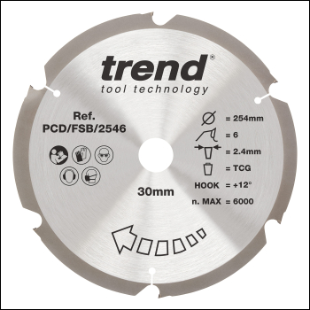 Trend Pcd Fibre Cement Circular Saw Blade 254mm X 30mm X 6t - Code PCD/FSB/2546