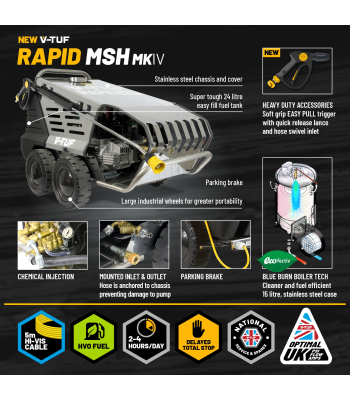 V-TUF RAPID MSH 110v Professional Hot Water Industrial Mobile Pressure Washer - 100Bar, 8L/min - Code RAPIDMSH110V
