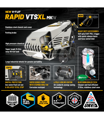 V-TUF Rapid VTS1520HPC 200Bar, 15L/Min XL Mobile Hot Pressure Washer 415V (3 Phase) - High Pressure Chemical - Code RAPIDVTS1520HPC