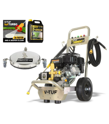 V-TUF TORRENT 1 190BAR 13L/MIN 7HP PETROL PRESSURE WASHER - 410mm Patio Cleaner, Turbo Nozzle & 5L DGREEN - Code TORRENT1-KIT3