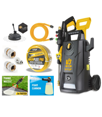 V-TUF V3-240 X2 2175psi 150Bar, 7.5L/min DIY Portable Electric Pressure Washer - With 15M Washflex Pro Water Feed Hose With DuraKlix KCQ Fittings - Code V3240X2-KIT2