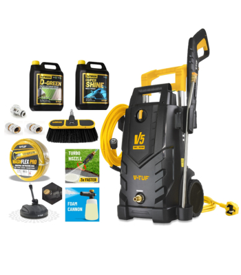 V-TUF V5 240v X2 Tough DIY Electric High Power Pressure Jet Washer 2400psi, 165Bar, 7.2L/min - Patio & Car Cleaner Kit with 25M Washflex Pro Water Supply Hose - Code V5240X2-KIT2