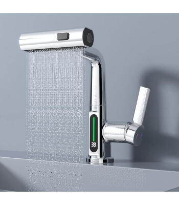 ENER-J Modern Single Hole Basin Faucet with Waterfall, Pull Out Sprayer and LED Temperature Display, Chrome Silver - Code BW2001