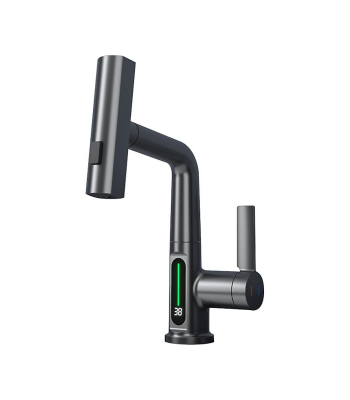 ENER-J Modern Single Hole Basin Faucet with Waterfall, Pull Out Sprayer and LED Temperature Display, Black - Code BW2002