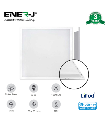 ENER-J 595x595 LED Backlit Panel with UGR<19, 100 Lm/W, No Flicker CE driver, 3 Years Warranty. 2 pcs pack, 4000K (Pack of 3 sets) - Code E136-3