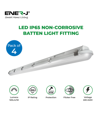 ENER-J Non Corrosive Waterproof Fitting, 1.2m 40W, 120 lumens per Watt, 6000K (Pack of 4) - Code E180-4