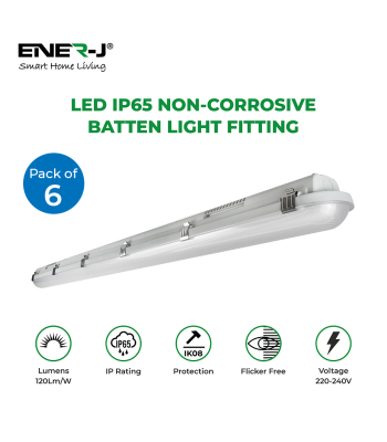 ENER-J Non Corrosive Waterproof Fitting, 1.2m 40W, 120 lumens per Watt, 6000K (Pack of 6) - Code E180-6