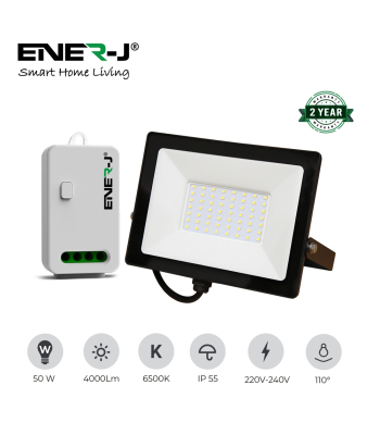 ENER-J 50W LED Floodlight Pre Wired with 500W RF Receiver + 1 Gang Wireless Kinetic Switch (White Body) - Code EWS1068+WS1050X