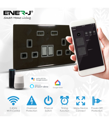 ENER-J Smart Wi-Fi 13A Wi-Fi Twin Wall Sockets with 1 USB Ports (Black) - Code SHA5282