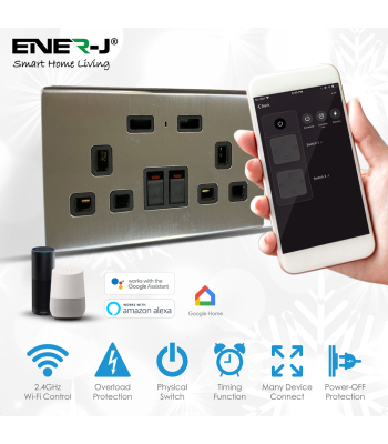 ENER-J Smart Wi-Fi 13A Wi-Fi Twin Wall Sockets with 1 USB Ports (Silver) - Code SHA5283