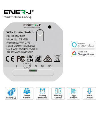 ENER-J WiFi+BLE 16A Inline switch - Code SHA5300M