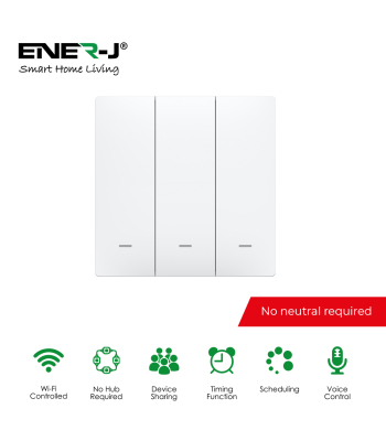 ENER-J 3 Gang Push Button Switch, Only Live Connection (with mini adapter), With RF + WiFi Control - Code SHA5353