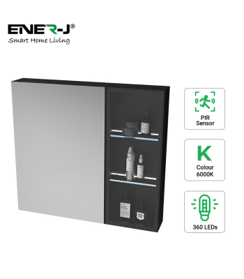 ENER-J Black Aluminum LED Mirror Cabinet - Sleek Rectangular Design, 75x68 cm - Code SHA5402