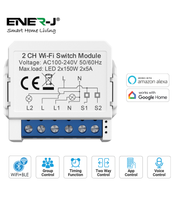 ENER-J Smart WiFi Light 2CH Switch Module – Convert Any Existing Non-Dimmable Switch to Smart Control via App & Voice, Compatible with Alexa & Google Assistant - Code SHA8005