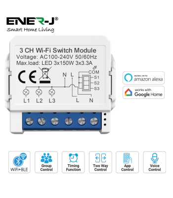 ENER-J Smart WiFi Light 3CH Switch Module – Convert Any Existing Non-Dimmable Switch to Smart Control via App & Voice, Compatible with Alexa & Google Assistant - Code SHA8006