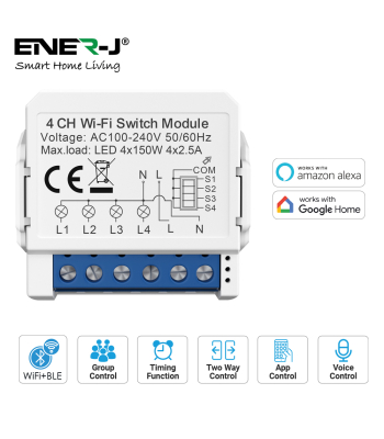 ENER-J Smart WiFi Light 4CH Switch Module – Convert Any Existing Non-Dimmable Switch to Smart Control via App & Voice, Compatible with Alexa & Google Assistant - Code SHA8007