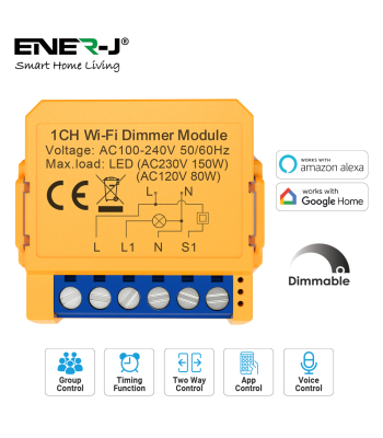 ENER-J 1CH WiFi + BLE Dimmable Switch Module, Max Load 150W LED - Code SHA8008