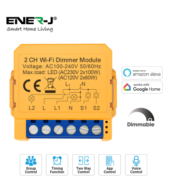 ENER-J 2CH WiFi + BLE Dimmable Switch Module, Max Load 150W LED - Code SHA8009