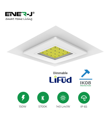 ENER-J 150W Premium Canopy Lights with 140 Lm/W & Dimmable Lifud Driver, Size 400x400mm, IP65 & IK08, Includes Recessed Mounting Kit & Surface Bracket installation, 5700K, 5 Years warranty - Code T386