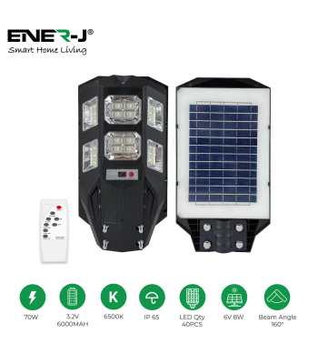 ENER-J 70W Solar Streetlights 6500K with 6V 8W Solar Panel & 6000 mAh Battery & Remote - Code T389