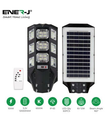 ENER-J 100W Solar Streetlights 6500K with 6V 12W Solar Panel & 12000 mAh Battery & Remote - Code T390