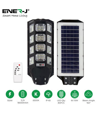 ENER-J 150W Solar Streetlights 6500K with 6V 15W Solar Panel & 18000 mAh Battery & Remote - Code T391
