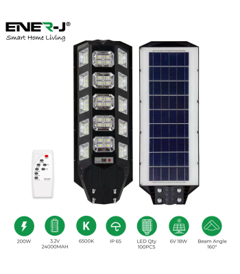 ENER-J 200W Solar Streetlights 6500K with 6V 18W Solar Panel & 24000 mAh Battery & Remote - Code T392