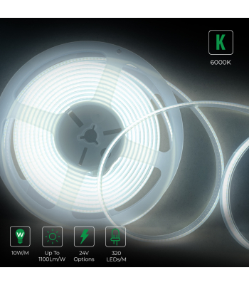 ENER-J 24V COB LED Strip Lights with 480 LEDs/M, 12W/M, 1200lm/M, CRI 90-92, 6500K - Code T464