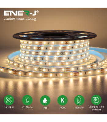 ENER-J 10 Meter Solar LED Strips with Silicon cover, IP65, 6V 8W Solar Panel with 6Ah battery, Remote Included. 3000K - Code T476