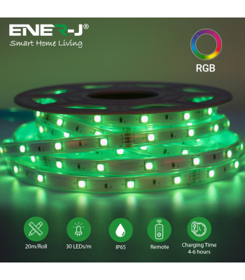 ENER-J 20 Meter Solar LED Strips with Silicon cover, IP65, 6V 12W Solar Panel with 12Ah battery, Remote Included. RGB - Code T479