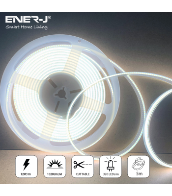 ENER-J 24V COB LED Strip Lights 30 Meters Reel with 320 LEDs/M, 12W/M, 1020lm/M, CRI 90-92, 6500K, IP20 - Code T489