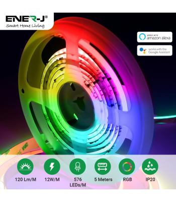 ENER-J Smart Plug & Play Digital RGB COB LED Strip Light Kit | 5 Metres | 576 LEDs/M | Tuya WiFi & Remote Control | Works with Alexa & Google Assistant - Code T498