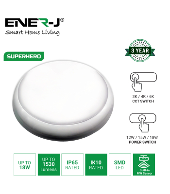ENER-J 9 in 1 LED Bulkheads with Power Switchable (12W-15W-18W) and CCT Switchable & Built-in Microwave Sensor, Size: 320mm, IP65 & IK10, 3 Years warranty - Code T562