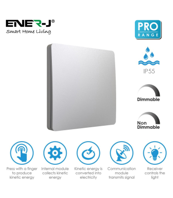 ENER-J 1 Gang Wireless Kinetic Switch, (Silver Finish) + 100W RF+WiFi Dimmable Receiver - Code WS1041+WS1038