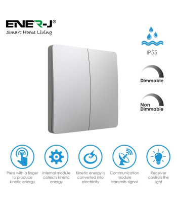 ENER-J 2 Gang Wireless Kinetic Switch, (Silver Finish) + 2 x 500W RF Receiver - Code WS1042+WS1016(2)