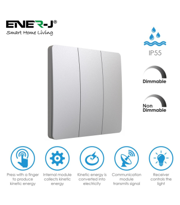 ENER-J 3 Gang Wireless Kinetic Switch, (Silver Finish) + 3 x 500W RF Receiver - Code WS1043+WS1016(3)