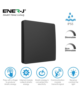 ENER-J 1 Gang Wireless Kinetic Switch, (Black Finish) + 500W RF Receiver - Code WS1044+WS1016