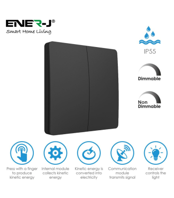 ENER-J 2 Gang Wireless Kinetic Switch (Black Finish) + 2 x 500W RF Receiver - Code WS1045+WS1016(2)