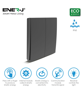 ENER-J 2 Gang Wireless Kinetic Switch, Black + 2*500W RF Receiver - Code WS1051XB+WS1055X(2)