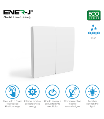 ENER-J 2 Gang Wireless Kinetic Switch, White + 2*500W RF Receiver - Code WS1051X+WS1055X(2)