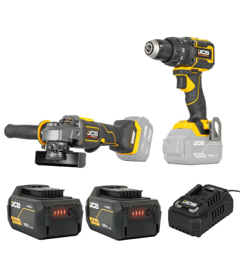 JCB Pro 18V Pro, 75Nm Combi Drill, 115mm Angle Grinder, 2x 5.0Ah Li-ion Batteries & 4.5A Fast Charger (with Soft Tool Bag) - Code JCB-18PKIT-4