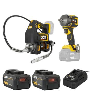 JCB Pro 18V Kit ½” Impact Wrench, Grease Gun, 2x 5.0Ah Batteries & 4.5A Fast Charger (with Soft Tool Bag)|  - Code JCB-18PKIT-5