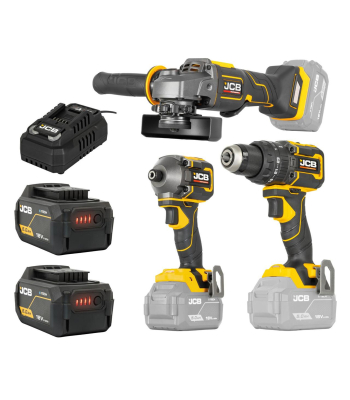 JCB Pro 18V Kit, Combi Drill (75Nm), Impact Driver (230Nm), Angle Grinder (115mm), 2x 5Ah Batteries, 4.5A Fast Charger & Soft Tool Bag | - Code JCB-18PKIT-7