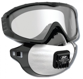 JSP FilterSpec Black with FMP2 Valve Filter - Clear Lens Goggles inc FMP2 Valve Filter